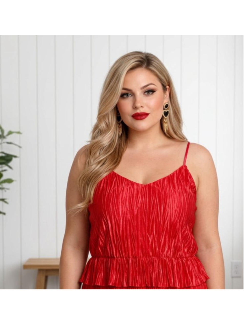 NWOT ZARA Red Silky Pleated Cami Top Large Cinch Waist Ruffle Hem Resort Wear